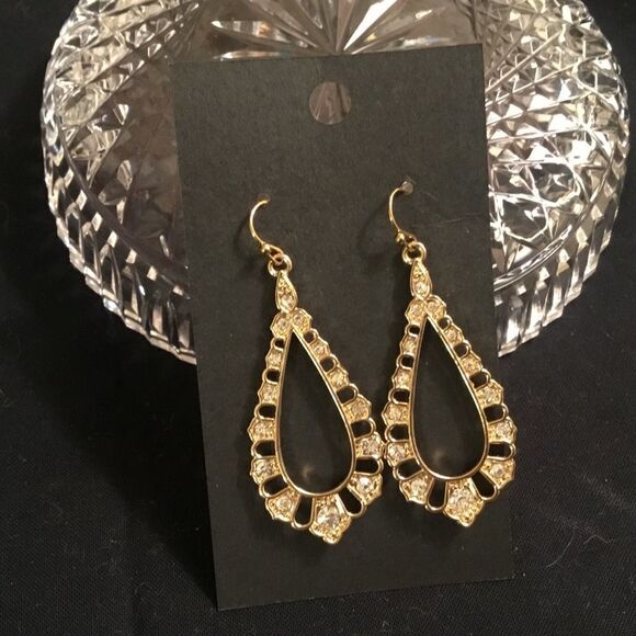 Goldtone and Clear Crystal Teardrop Earrings - Picture 1 of 4